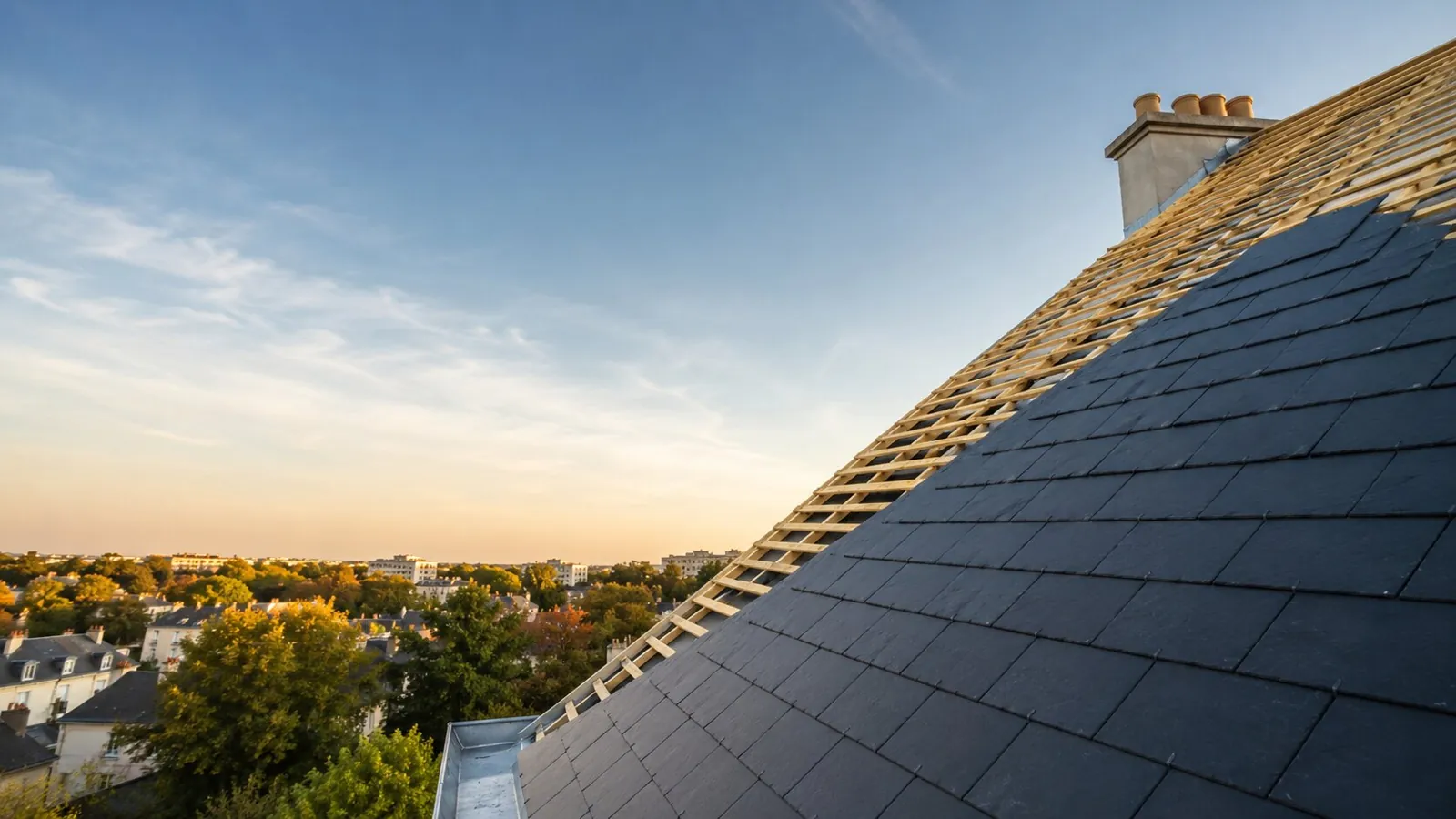 Pose d'ardoises neuves sur liteaux pendant la rénovation d'une toiture